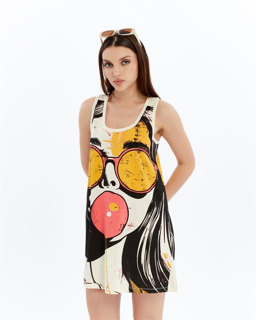 STONE WASHED  FACE & GUM PRINT WOMEN LONG LINE VEST