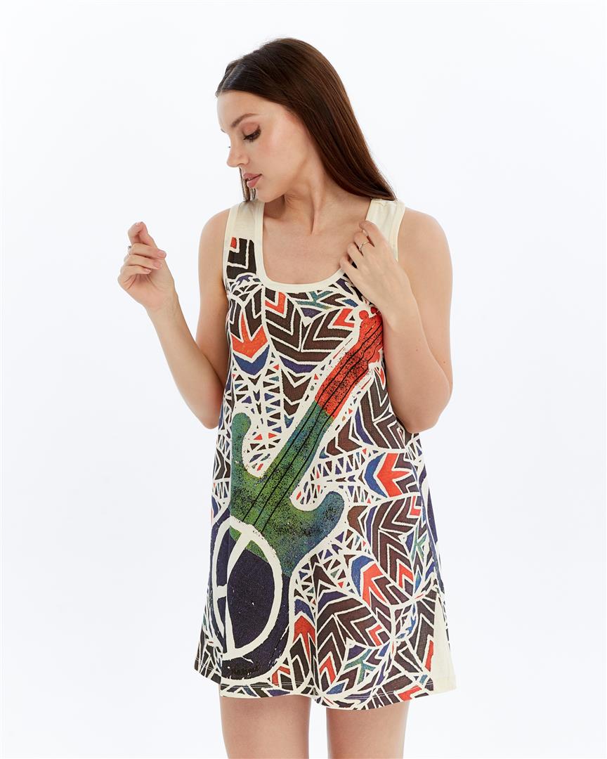 STONE WASHED  PEACE & GUITAR PRINT WOMEN LONG LINE VEST