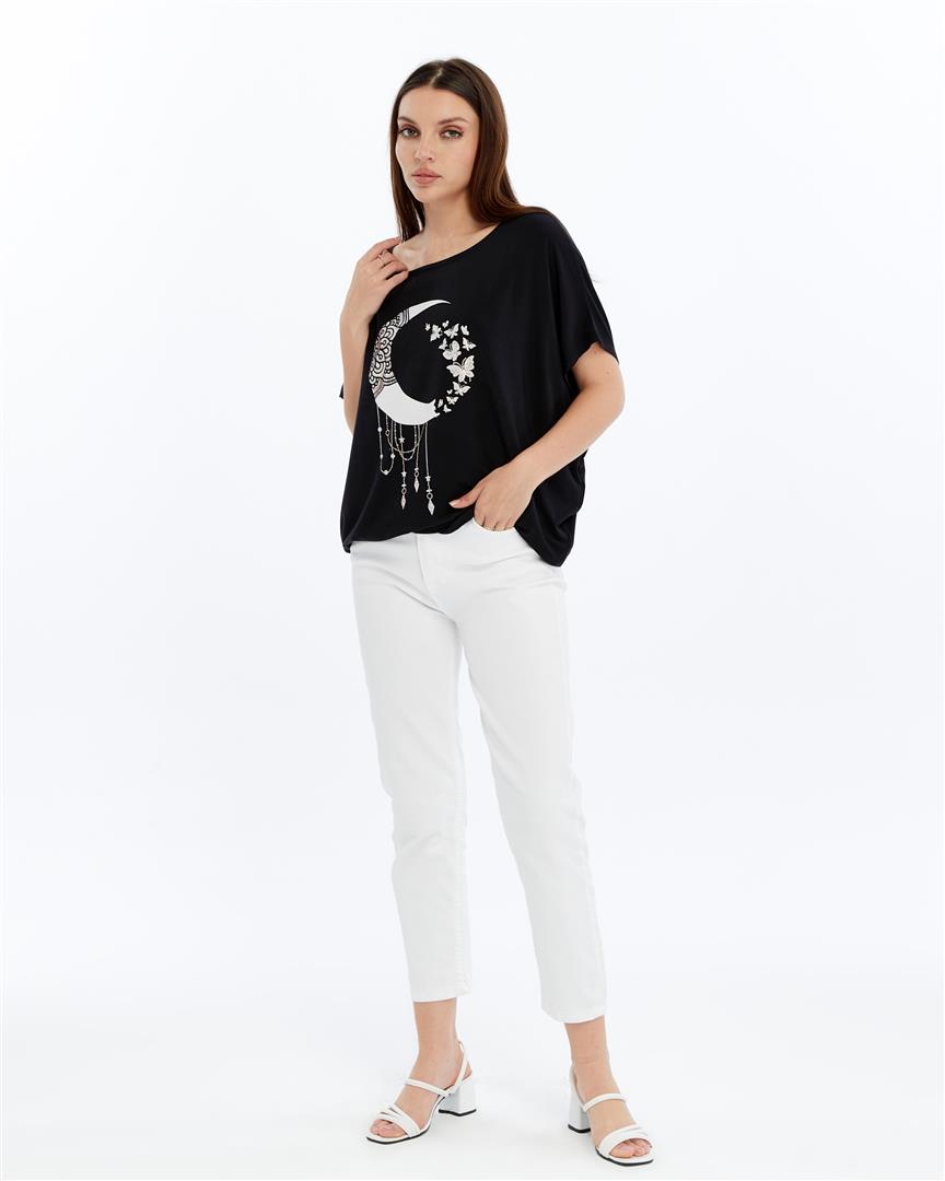 Sparkly MOON PONDER  Emboirdery  Ballon Cut Women Cotton T-Shirt