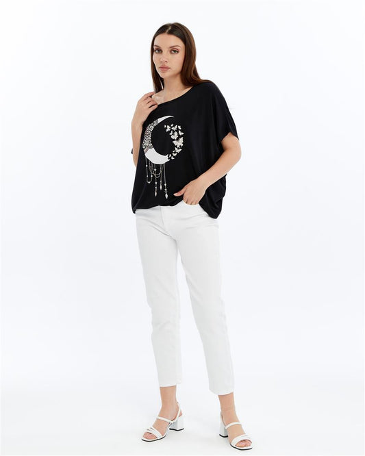 Sparkly MOON PONDER  Emboirdery  Ballon Cut Women Cotton T-Shirt
