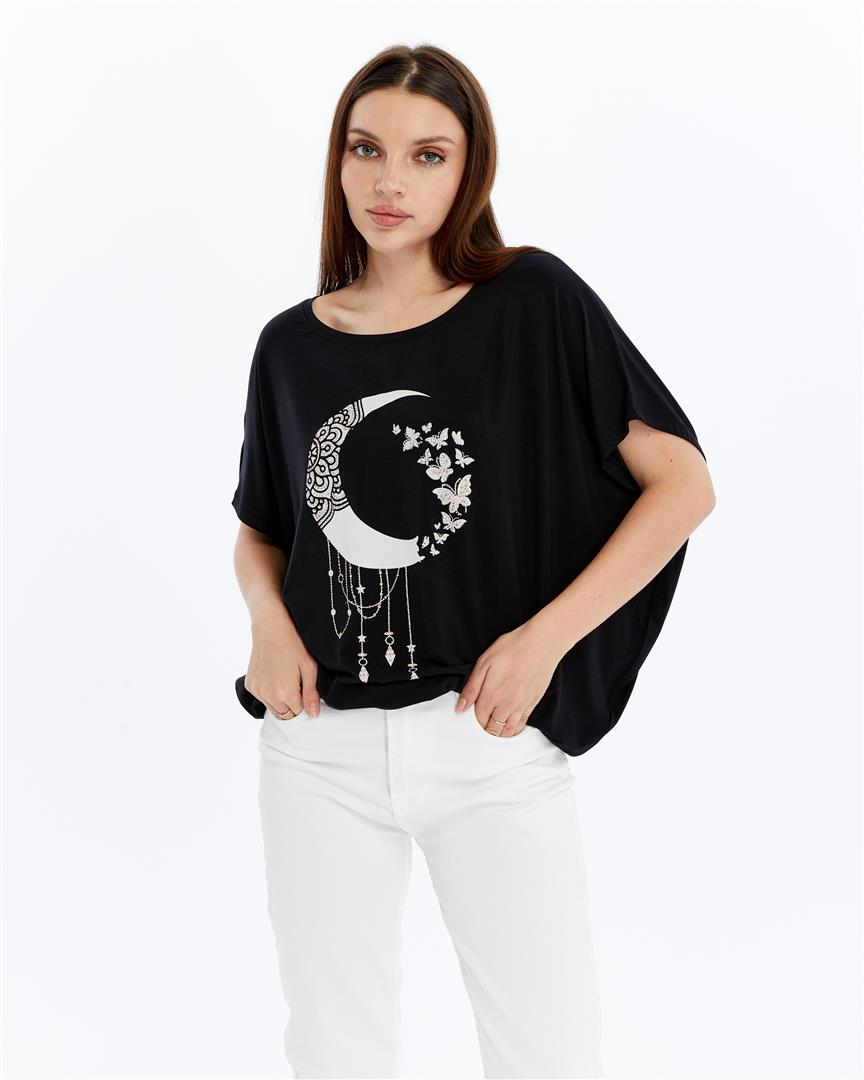 Sparkly MOON PONDER  Emboirdery  Ballon Cut Women Cotton T-Shirt