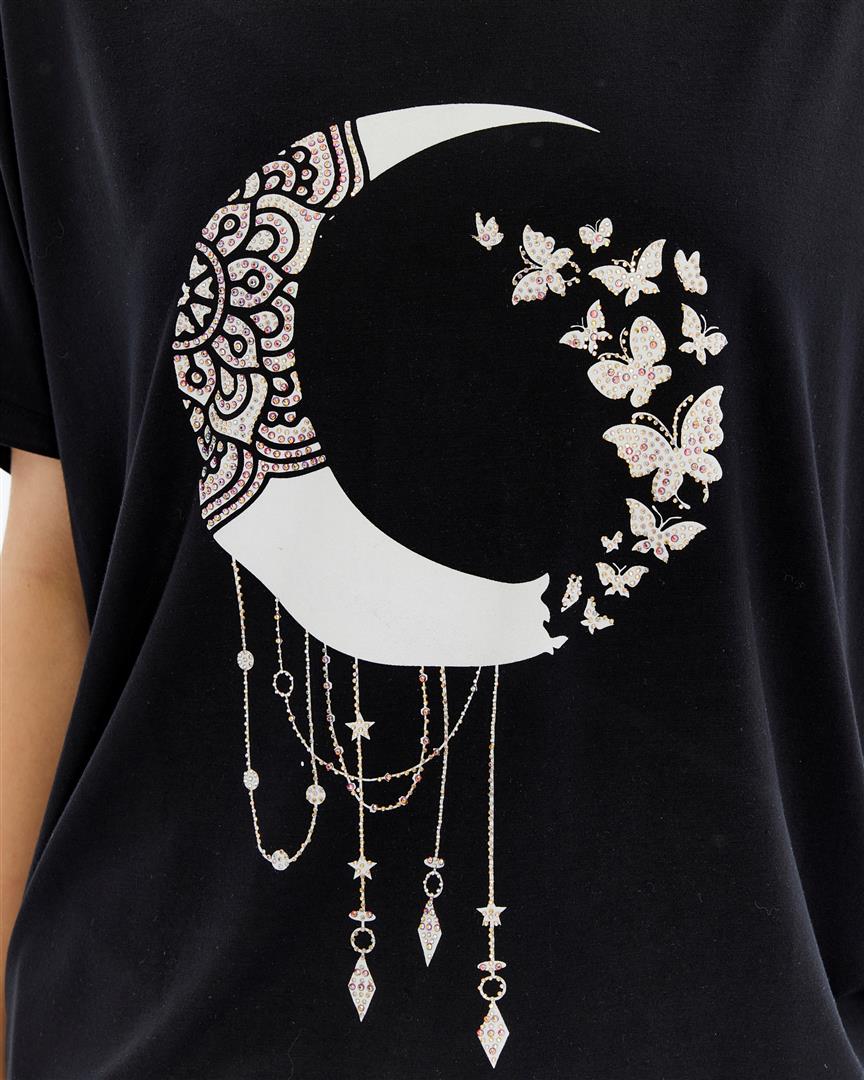 Sparkly MOON PONDER  Emboirdery  Ballon Cut Women Cotton T-Shirt