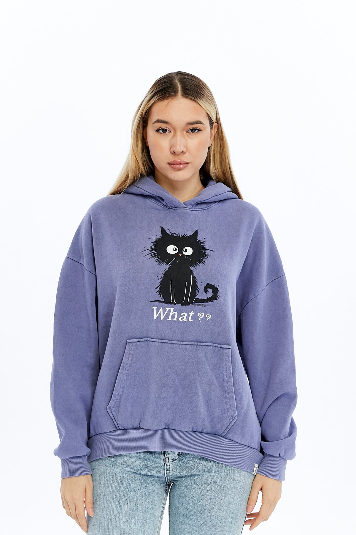 What ?? Cute Funny Cat  Printed  Acid Washed Women Cotton Hoodie