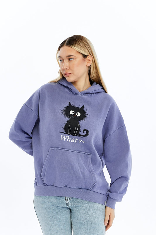 What ?? Cute Funny Cat  Printed  Acid Washed Women Cotton Hoodie