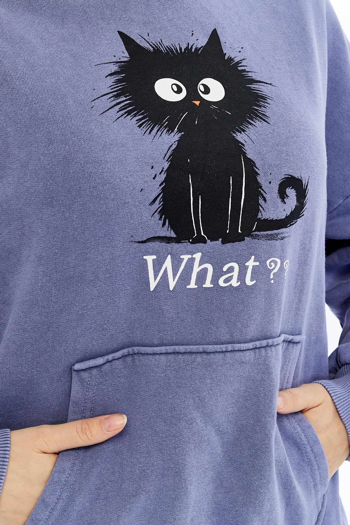 What ?? Cute Funny Cat  Printed  Acid Washed Women Cotton Hoodie