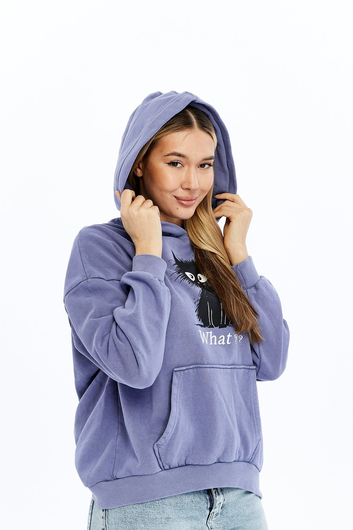 What ?? Cute Funny Cat  Printed  Acid Washed Women Cotton Hoodie