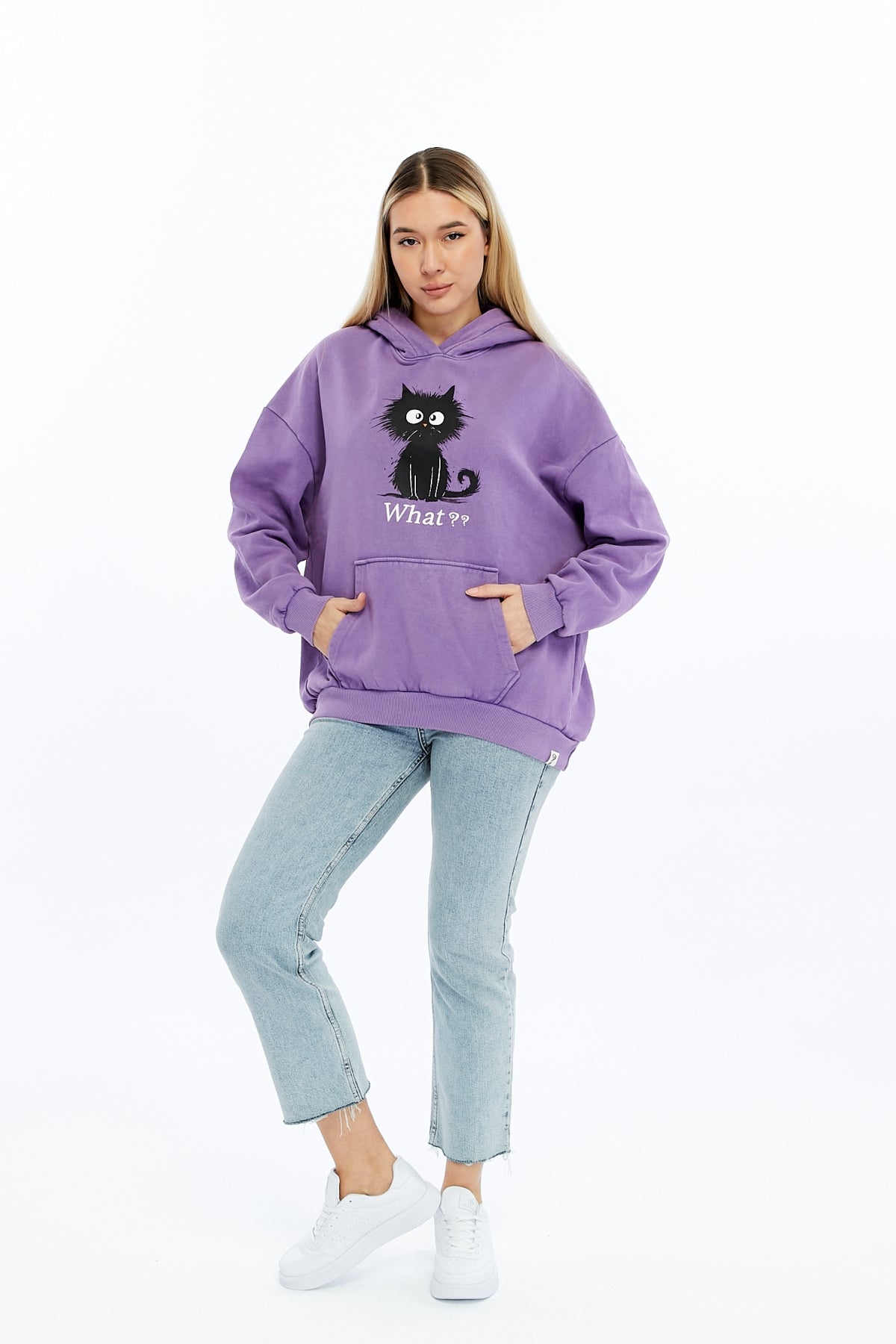 What ?? Cute Funny Cat  Printed  Acid Washed Women Cotton Hoodie