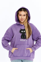 What ?? Cute Funny Cat  Printed  Acid Washed Women Cotton Hoodie