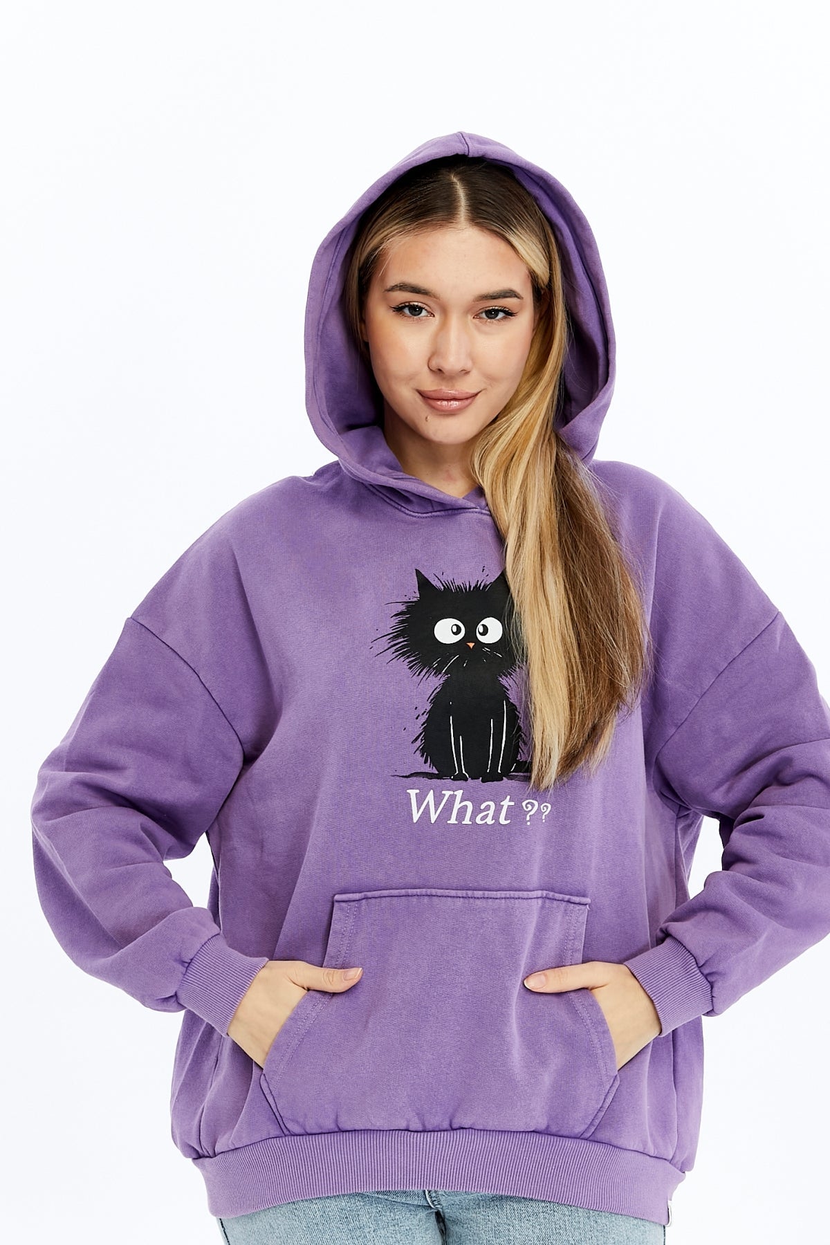 What ?? Cute Funny Cat  Printed  Acid Washed Women Cotton Hoodie