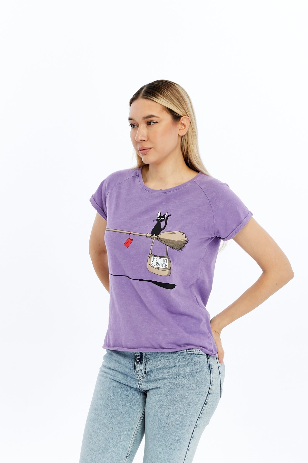 Stone washed Not in Service Black Cat  Printed Cotton Women T-shirt