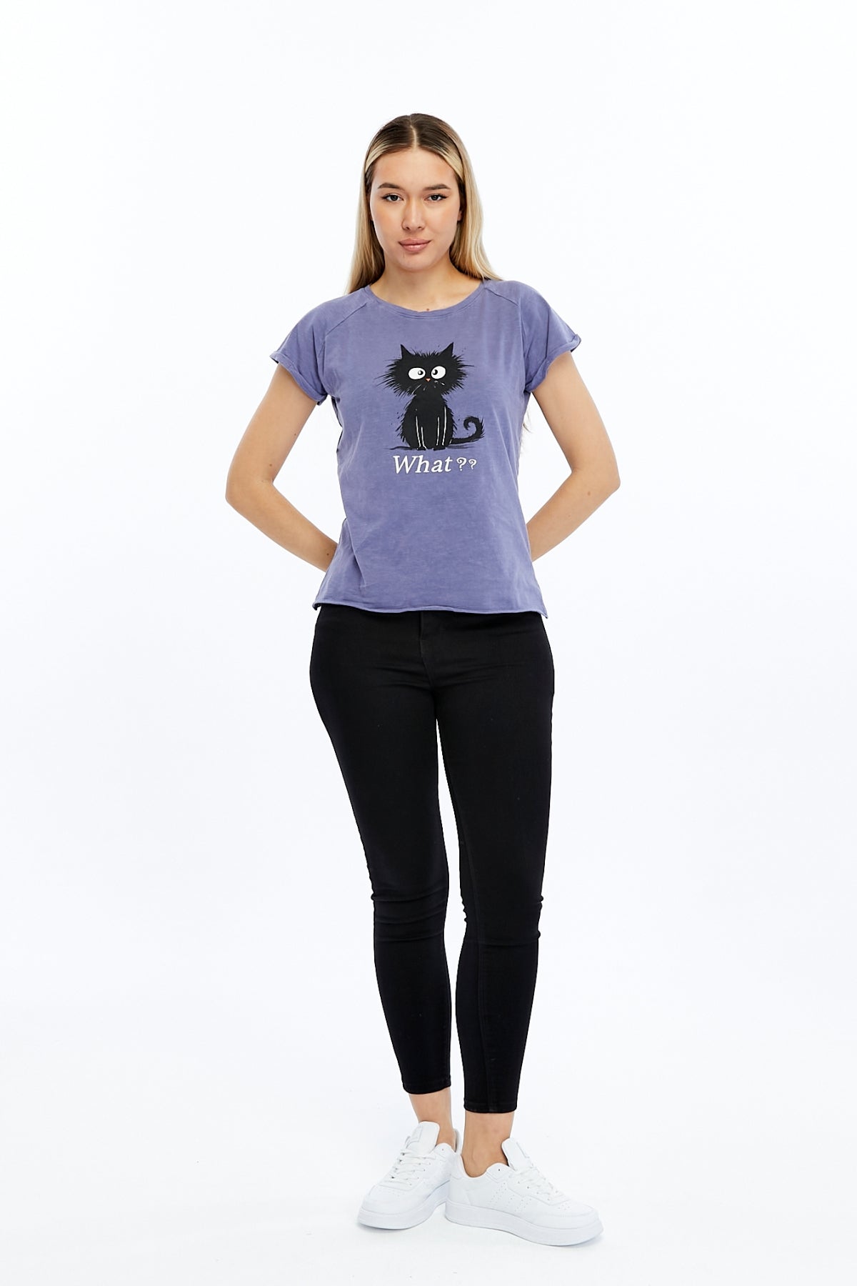 Stone washed Cat & What Printed Cotton Women T-shirt