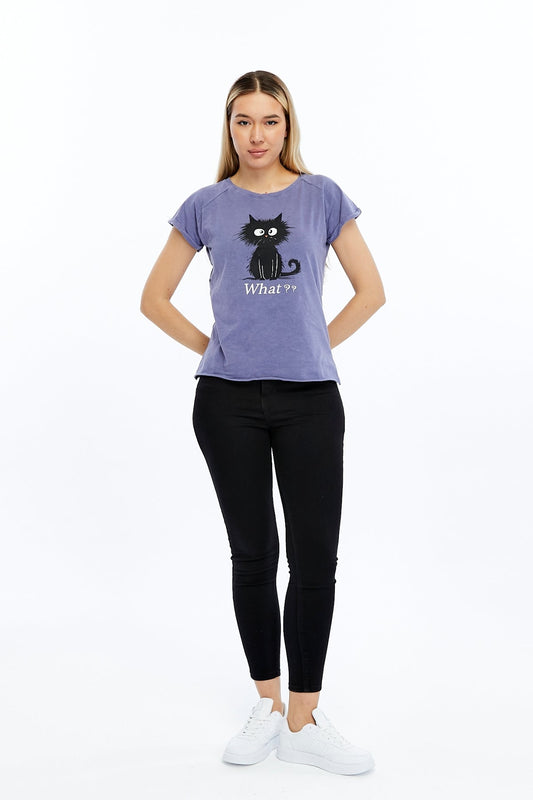 Stone washed Cat & What Printed Cotton Women T-shirt