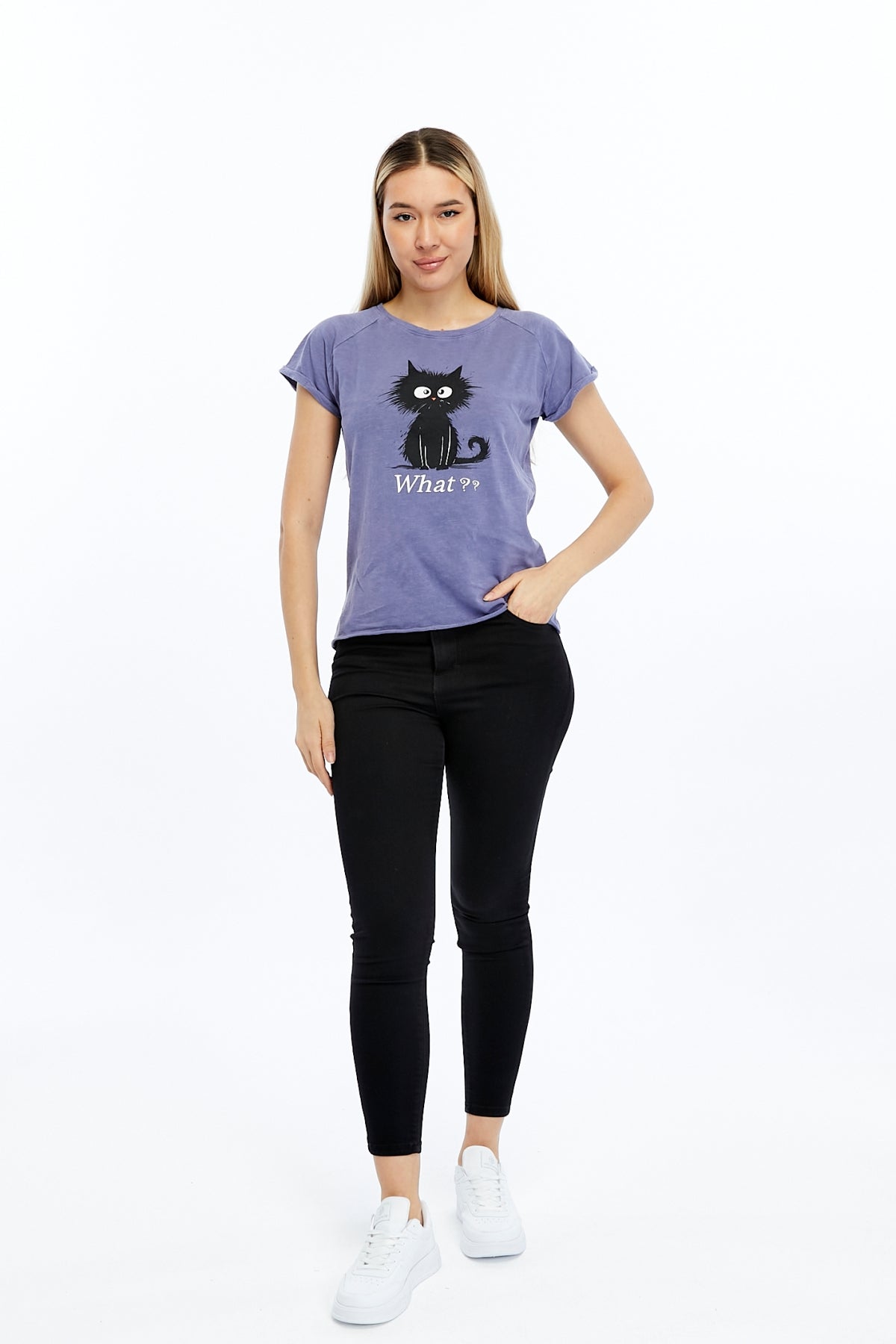 Stone washed Cat & What Printed Cotton Women T-shirt