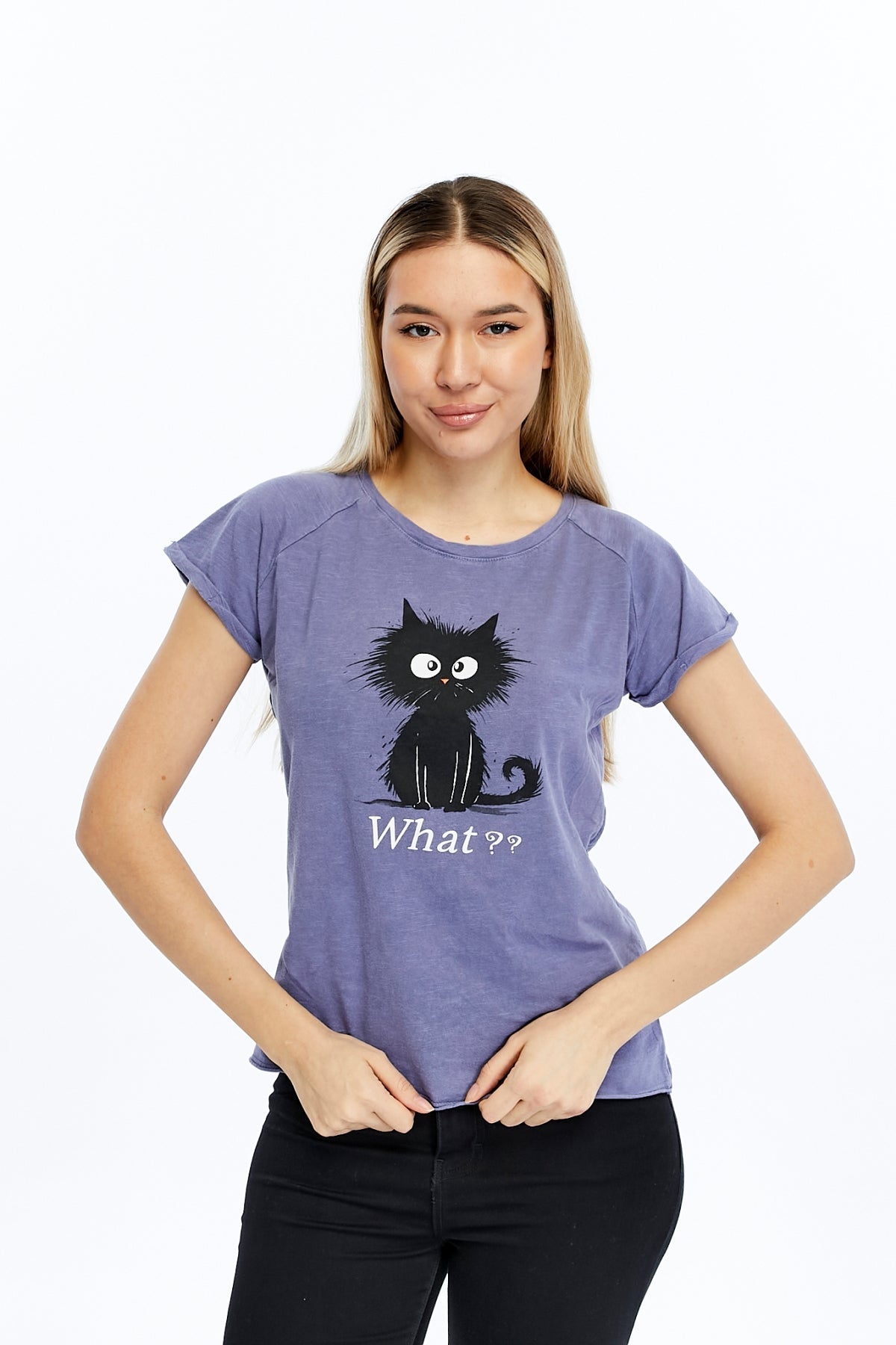 Stone washed Cat & What Printed Cotton Women T-shirt