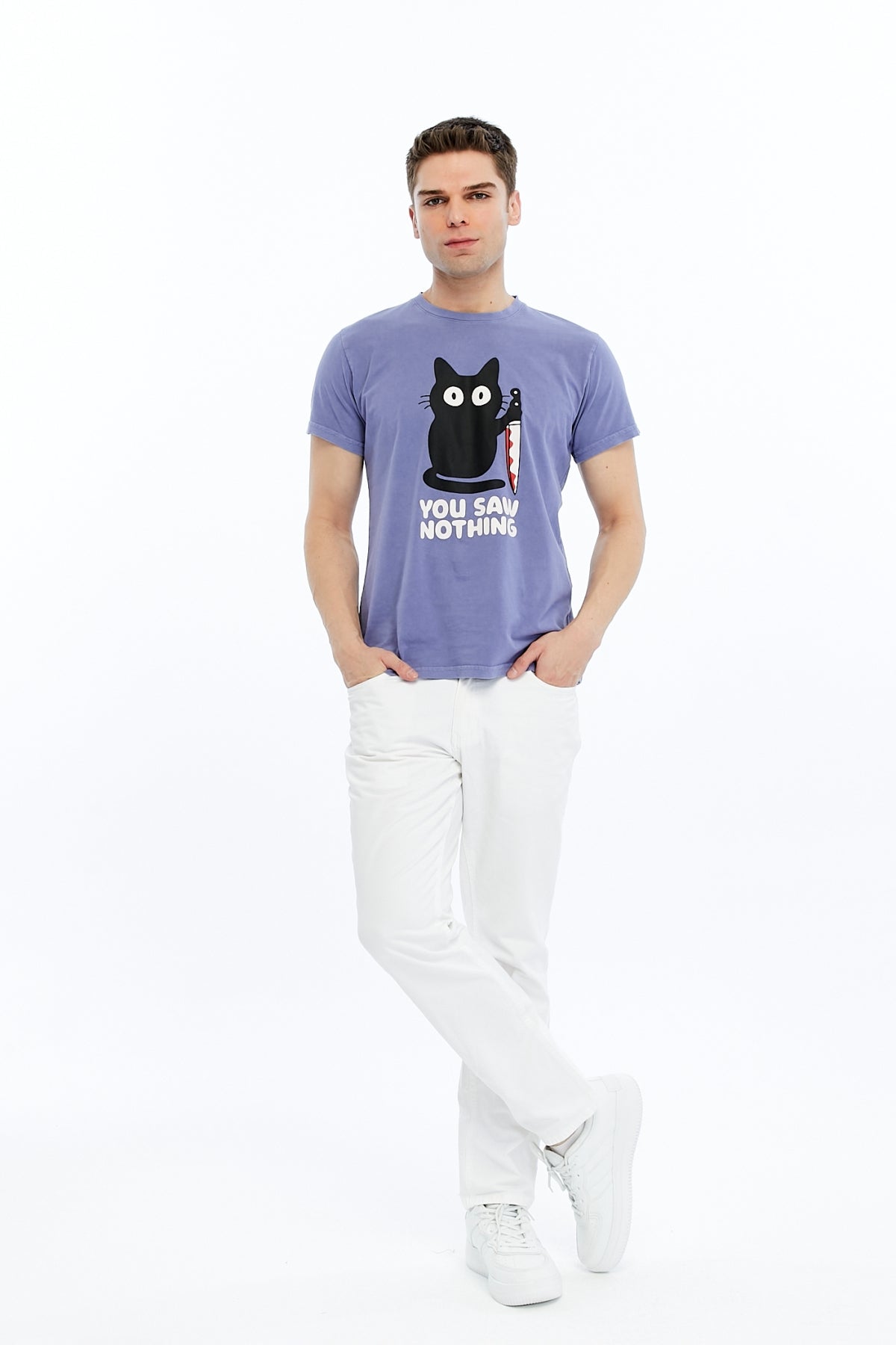 Stone Washed Effect YOU SAW NOTHING CAT  Printed Cotton  T-shirt
