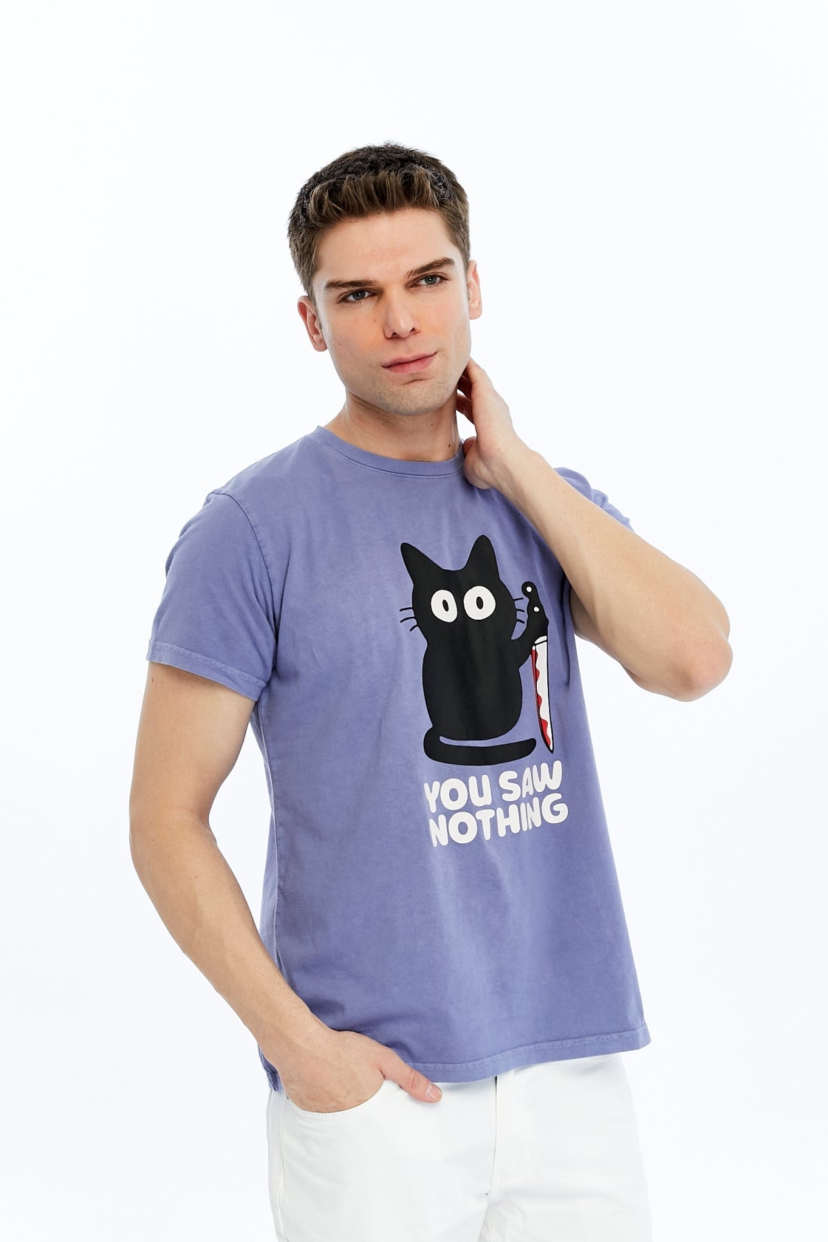 Stone Washed Effect YOU SAW NOTHING CAT  Printed Cotton  T-shirt