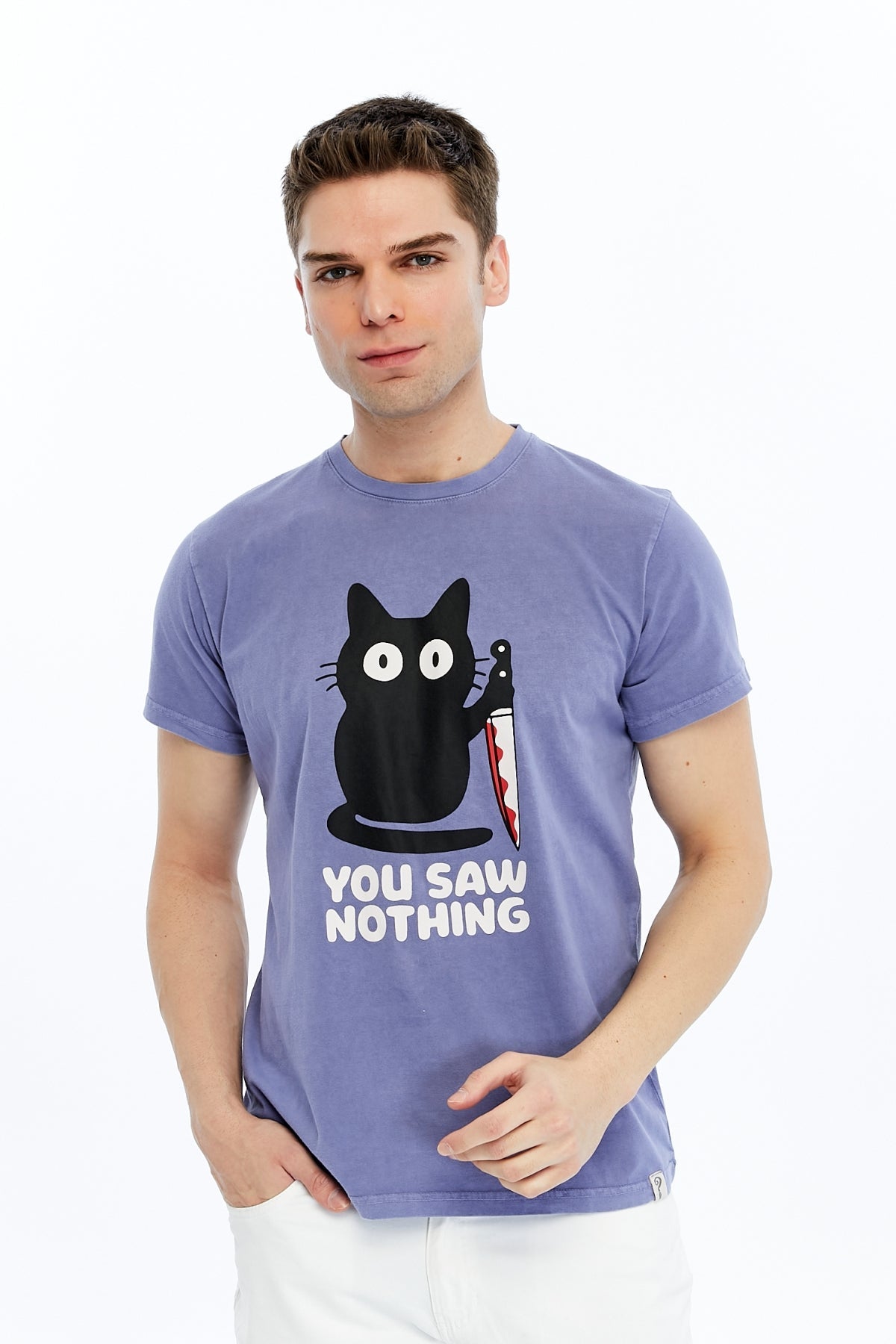 Stone Washed Effect YOU SAW NOTHING CAT  Printed Cotton  T-shirt