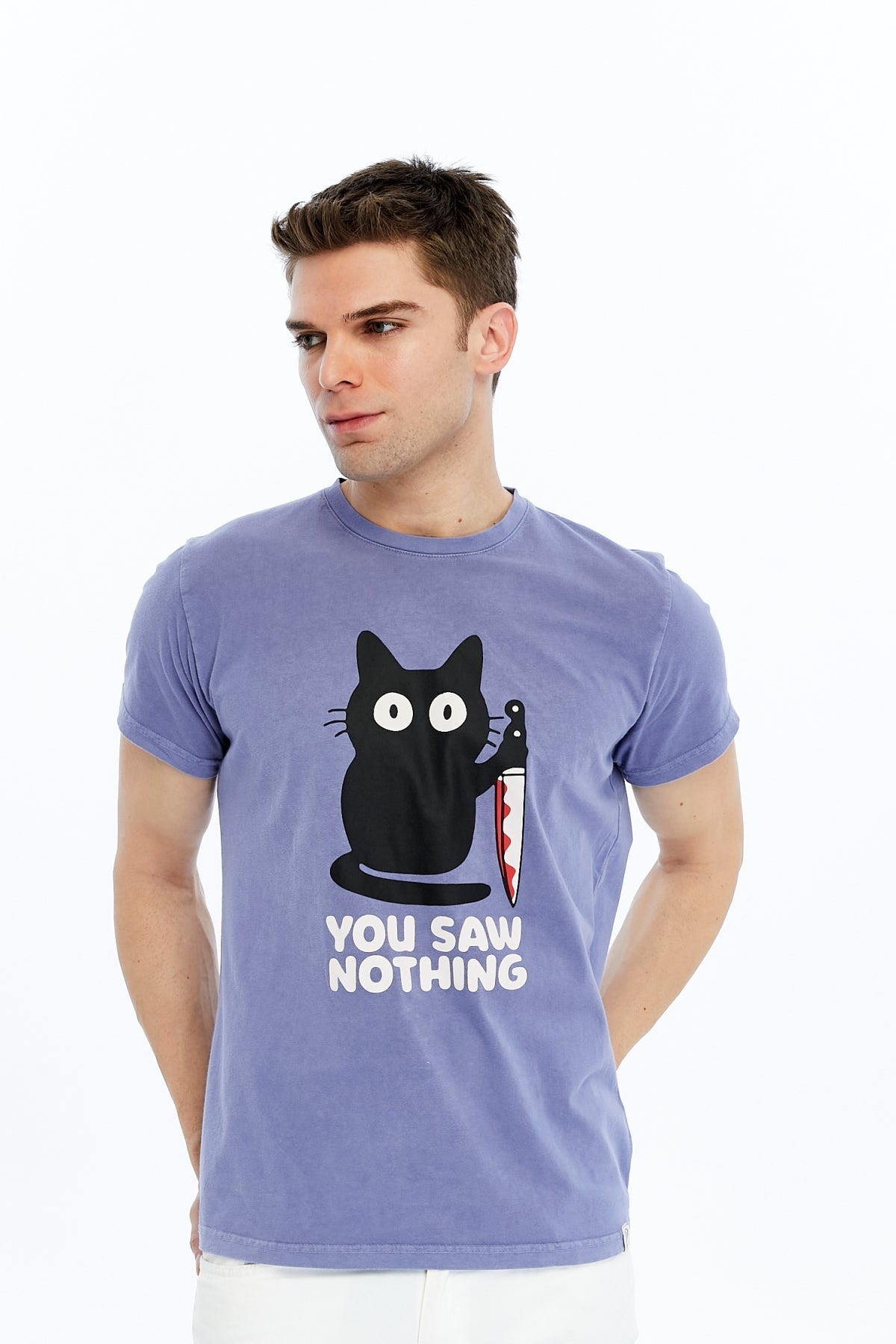 Stone Washed Effect YOU SAW NOTHING CAT  Printed Cotton  T-shirt