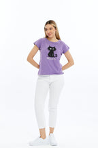 Stone washed Cat & What Printed Cotton Women T-shirt