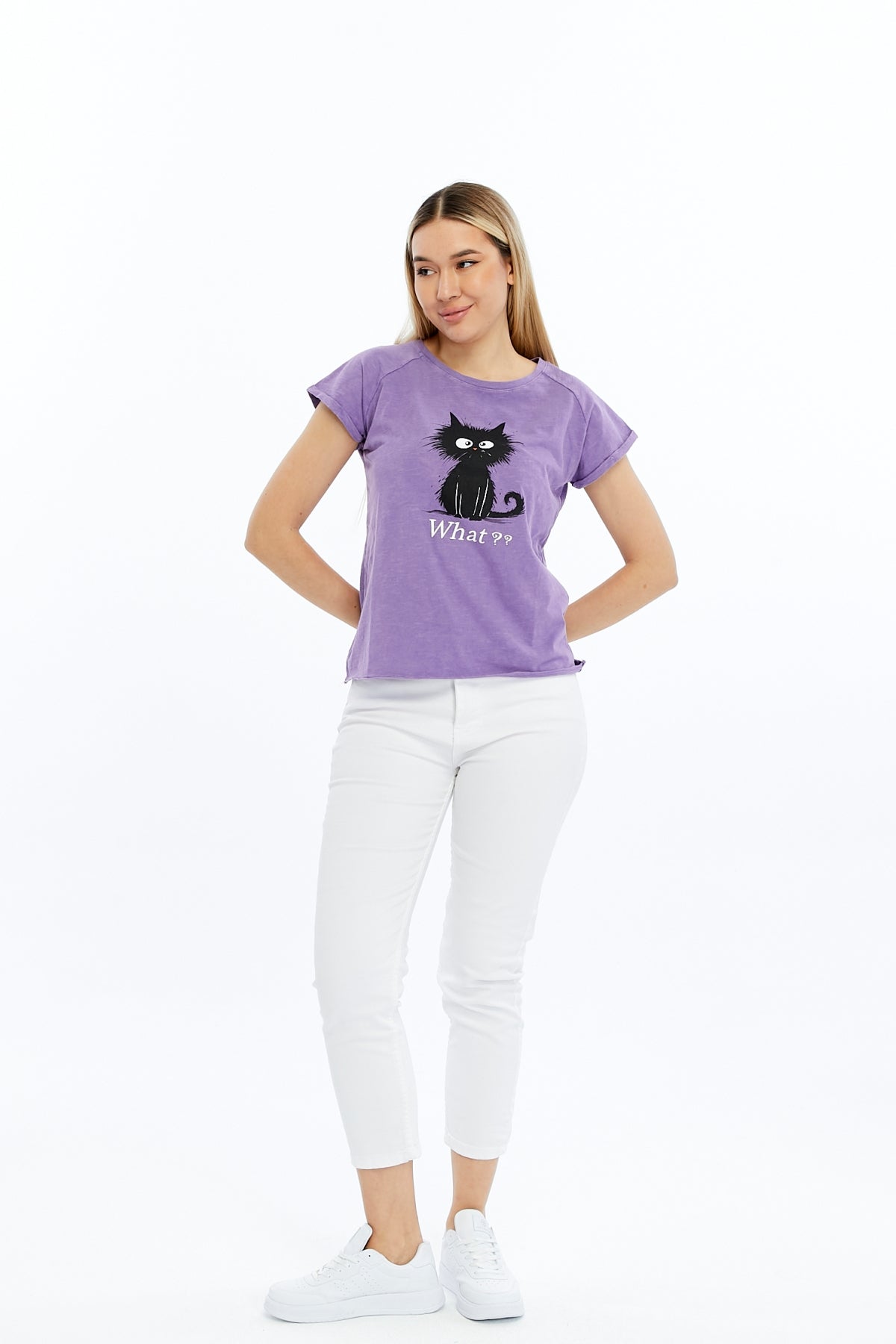 Stone washed Cat & What Printed Cotton Women T-shirt