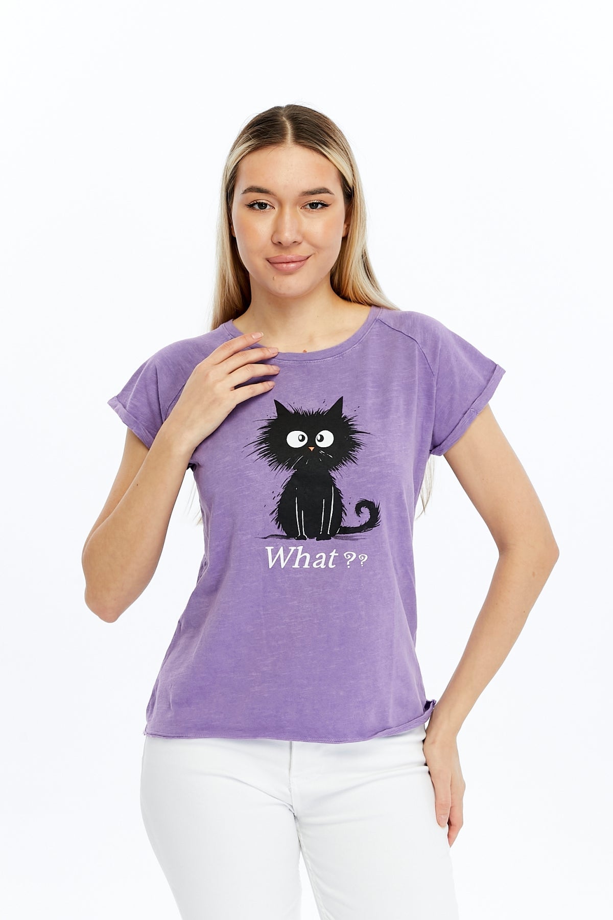 Stone washed Cat & What Printed Cotton Women T-shirt