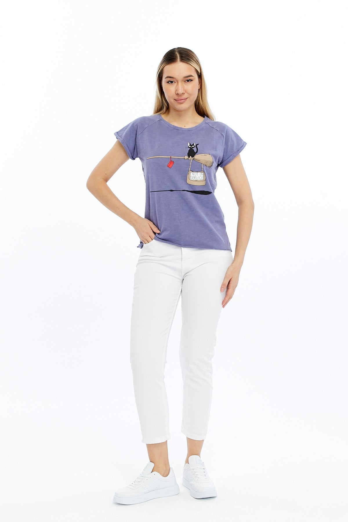 Stone washed Not in Service Black Cat  Printed Cotton Women T-shirt