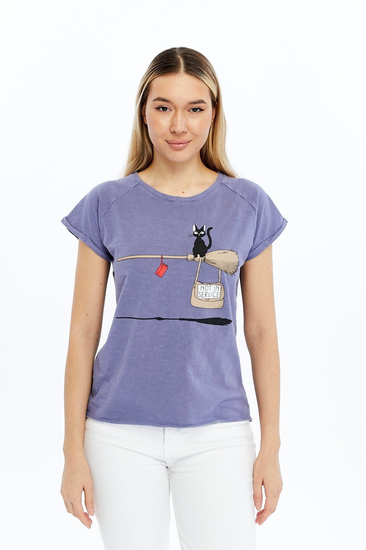 Stone washed Not in Service Black Cat  Printed Cotton Women T-shirt