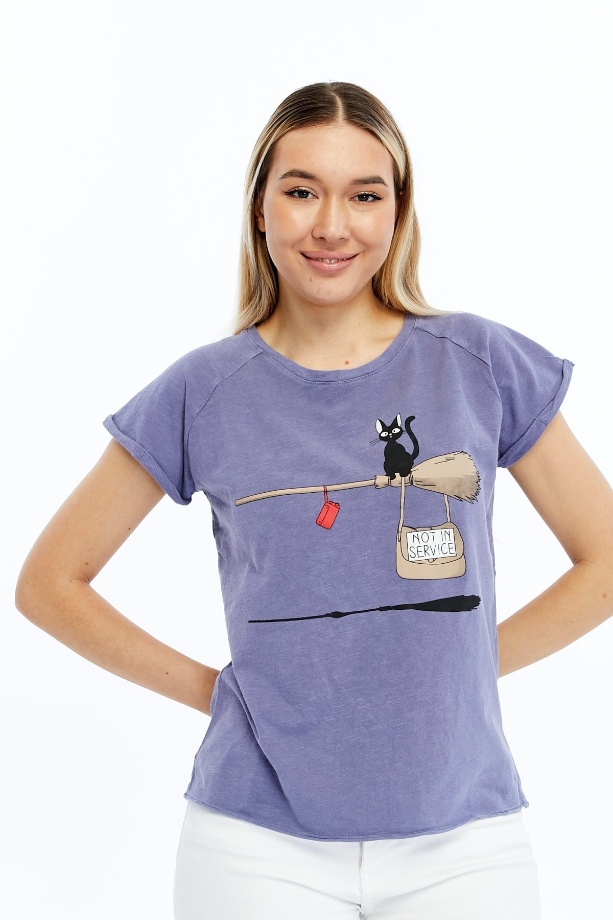 Stone washed Not in Service Black Cat  Printed Cotton Women T-shirt
