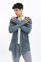 Thumbhole Sleeve Design Acid Washed Cotton Men's Hooded Cardigan