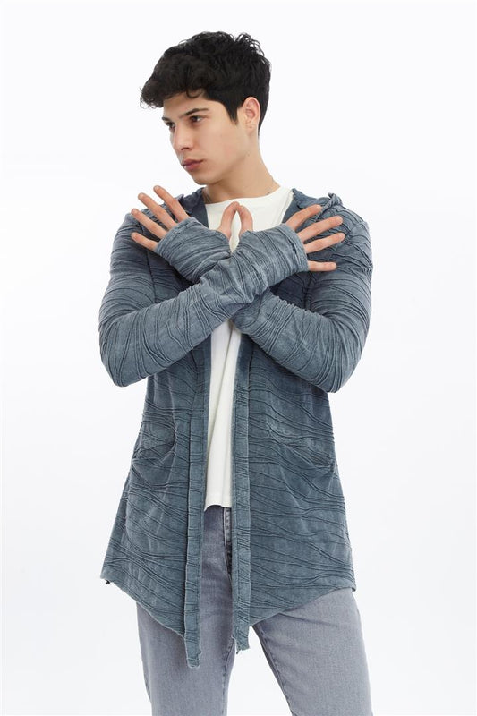 Thumbhole Sleeve Design Acid Washed Cotton Men's Hooded Cardigan