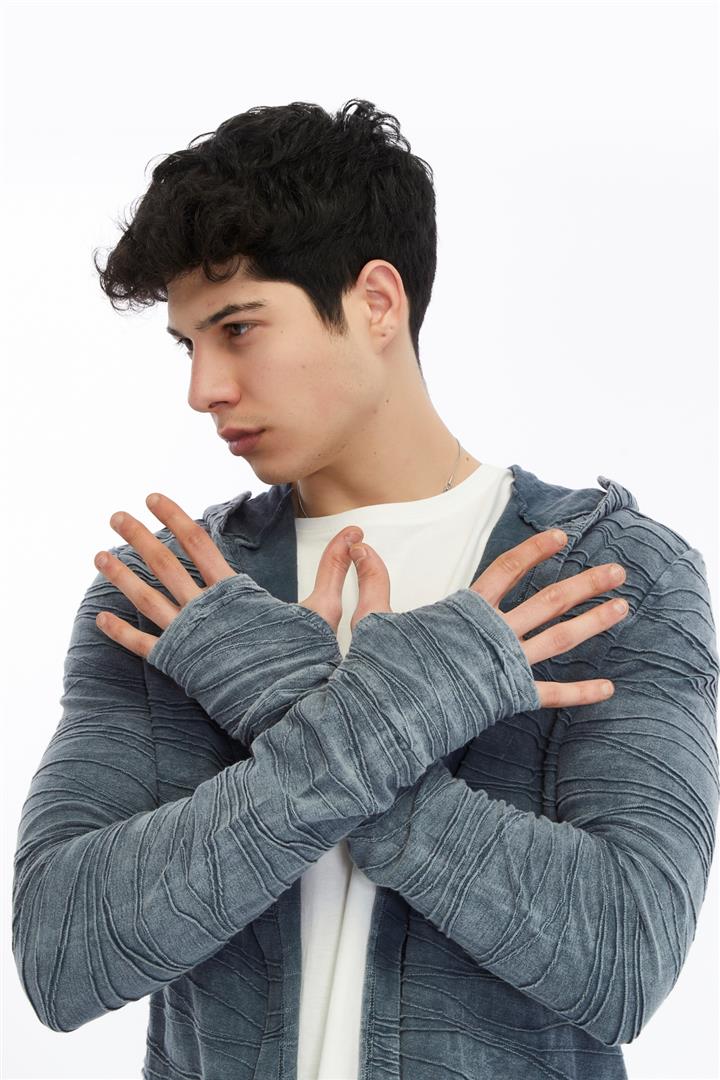 Thumbhole Sleeve Design Acid Washed Cotton Men's Hooded Cardigan