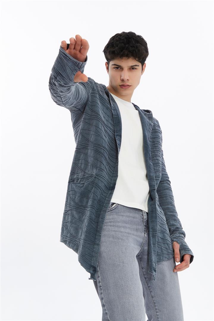 Thumbhole Sleeve Design Acid Washed Cotton Men's Hooded Cardigan