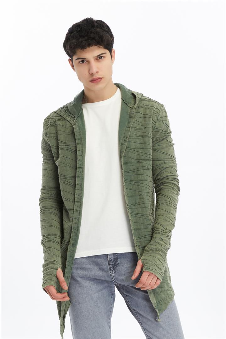 Thumbhole Sleeve Design Acid Washed Cotton Men's Hooded Cardigan
