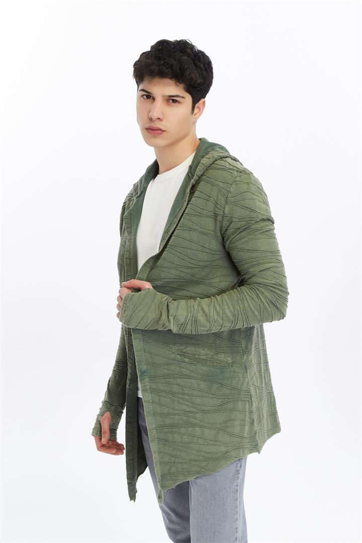 Thumbhole Sleeve Design Acid Washed Cotton Men's Hooded Cardigan