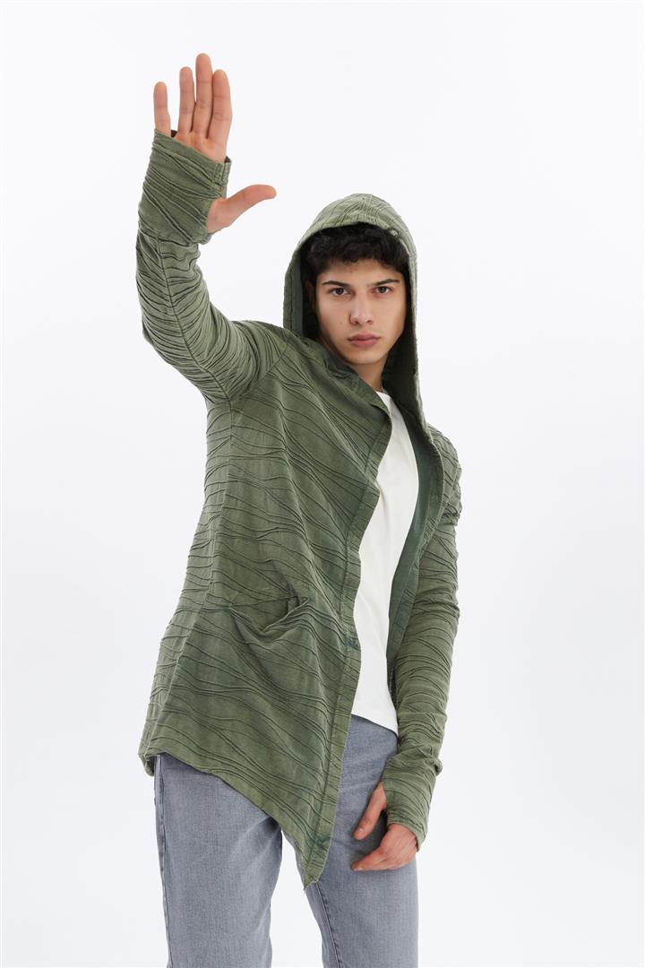 Thumbhole Sleeve Design Acid Washed Cotton Men's Hooded Cardigan