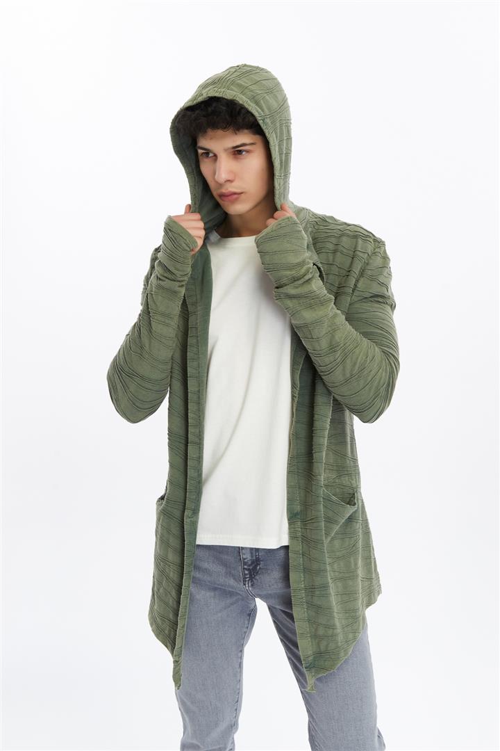 Thumbhole Sleeve Design Acid Washed Cotton Men's Hooded Cardigan