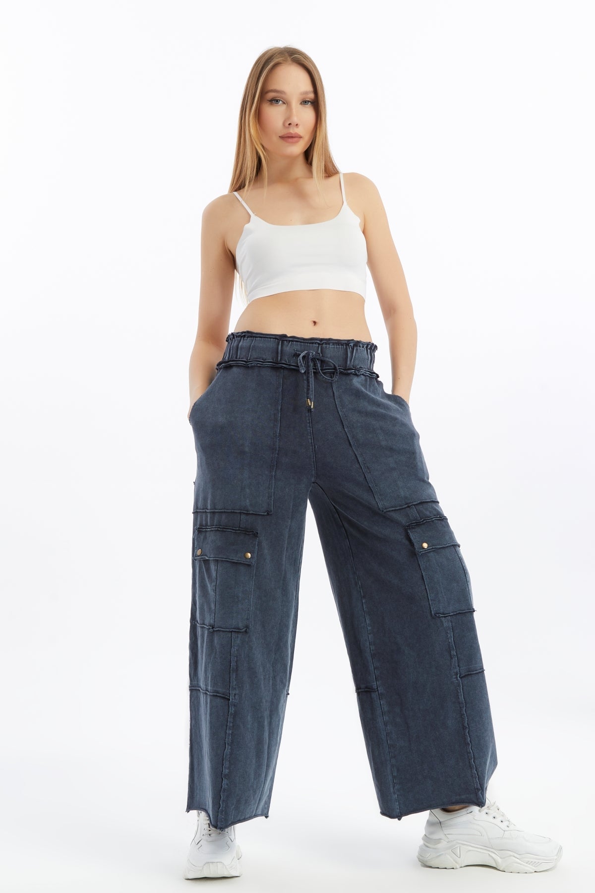 Detailed Straight Flare Leg with pockets   Women Stone Washed Cotton Trouse