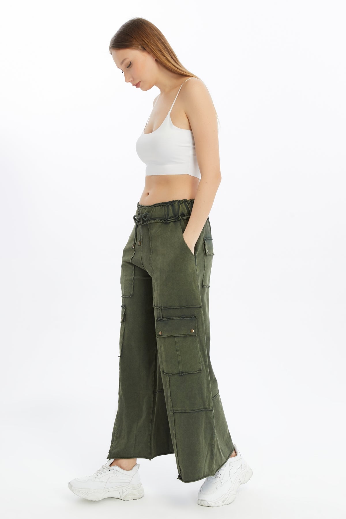 Detailed Straight Flare Leg with pockets   Women Stone Washed Cotton Trouse
