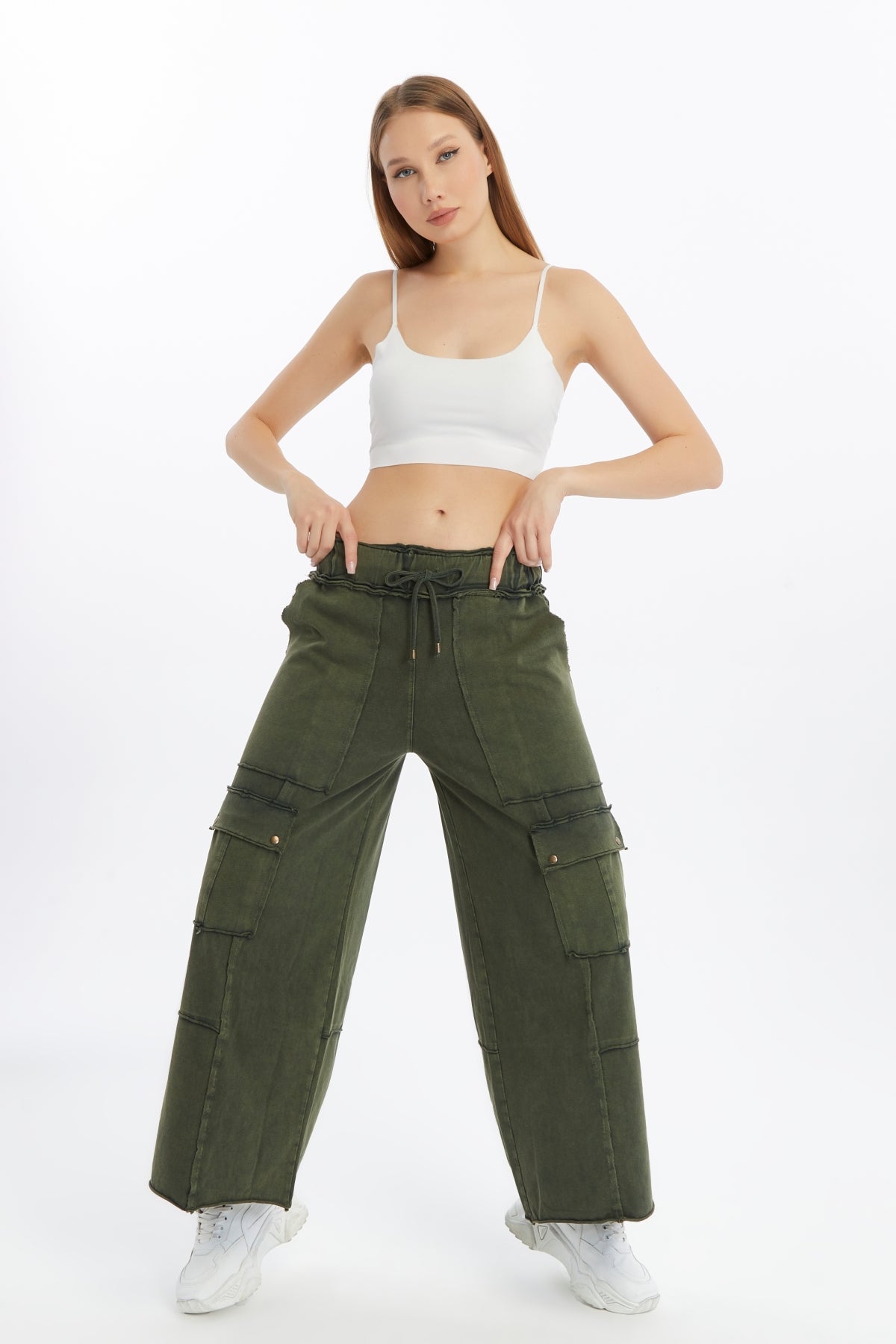 Detailed Straight Flare Leg with pockets   Women Stone Washed Cotton Trouse