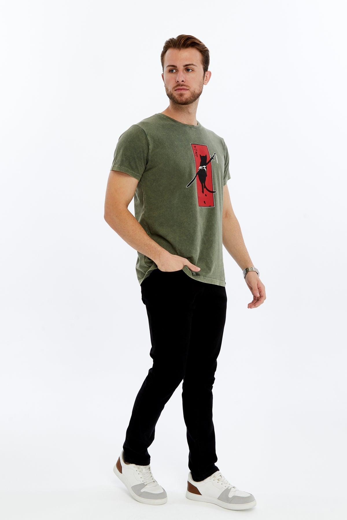 NINJA CAT SAMURAI Printed Acid Washed Cotton  T-shirt