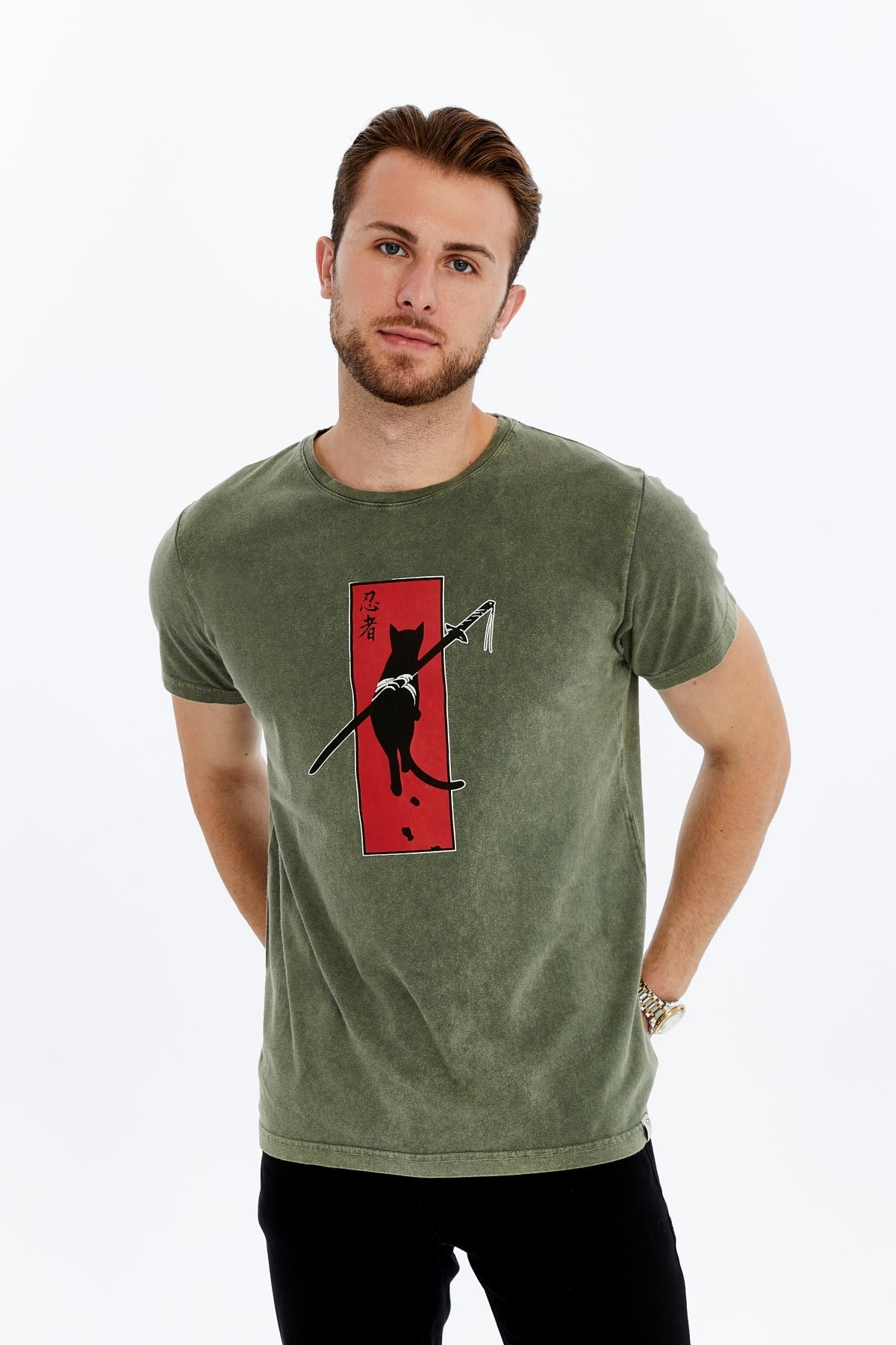 NINJA CAT SAMURAI Printed Acid Washed Cotton  T-shirt
