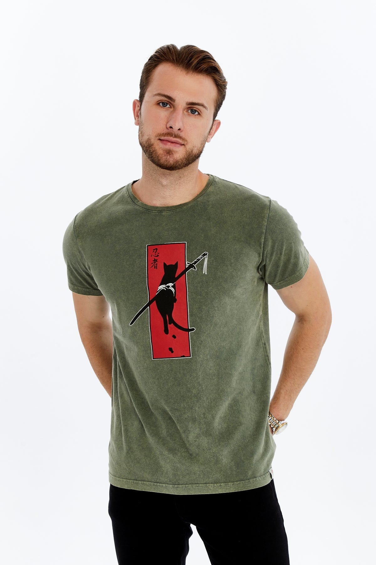 NINJA CAT SAMURAI Printed Acid Washed Cotton  T-shirt