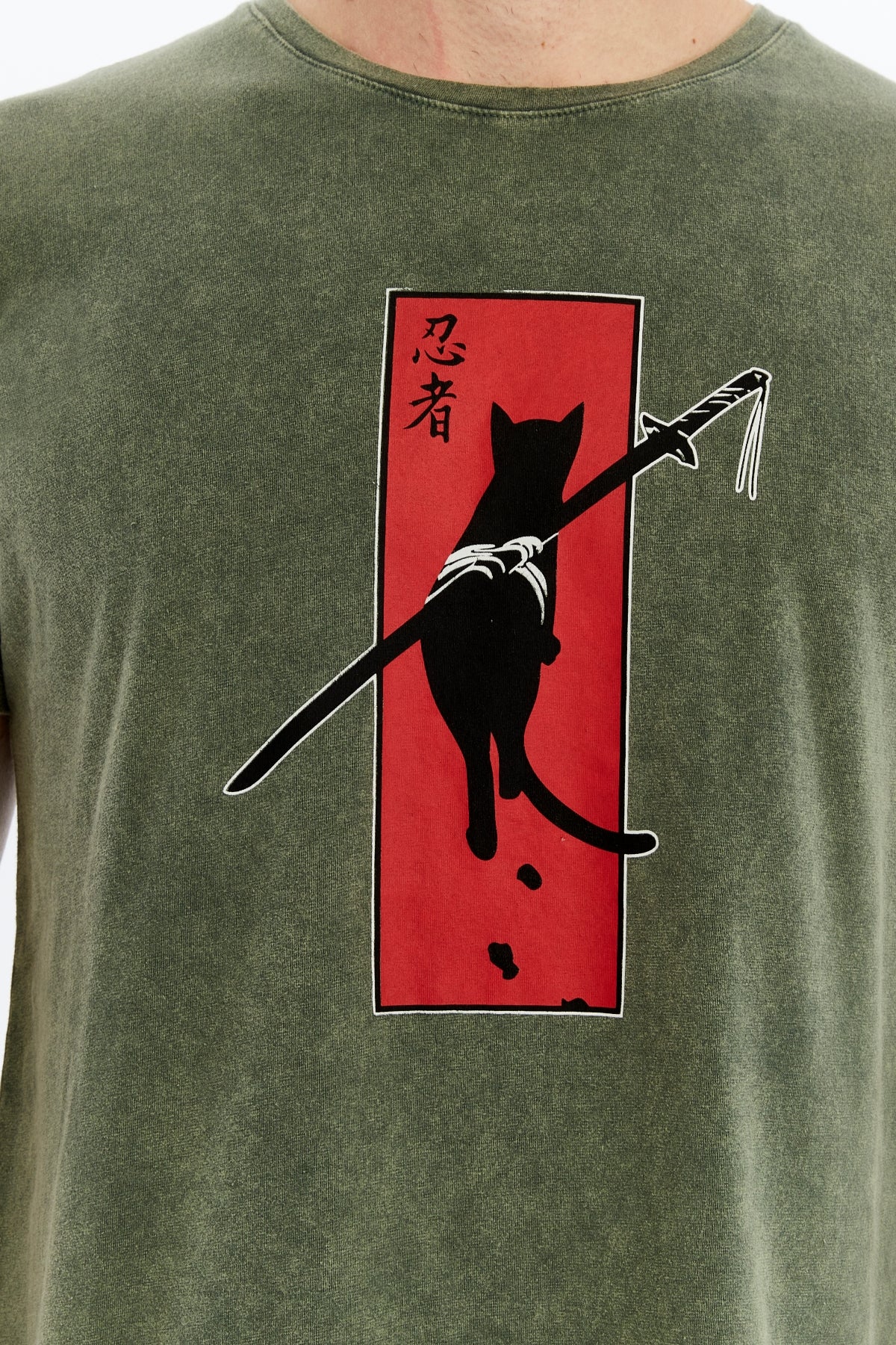 NINJA CAT SAMURAI Printed Acid Washed Cotton  T-shirt