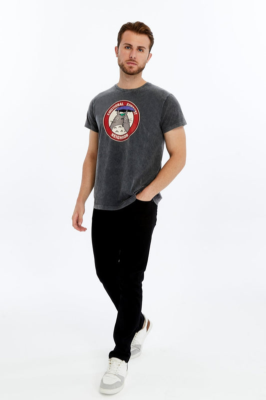 TOTORO EMOTIONAL SUPPORT Printed Acid Washed  Cotton  T-shirt