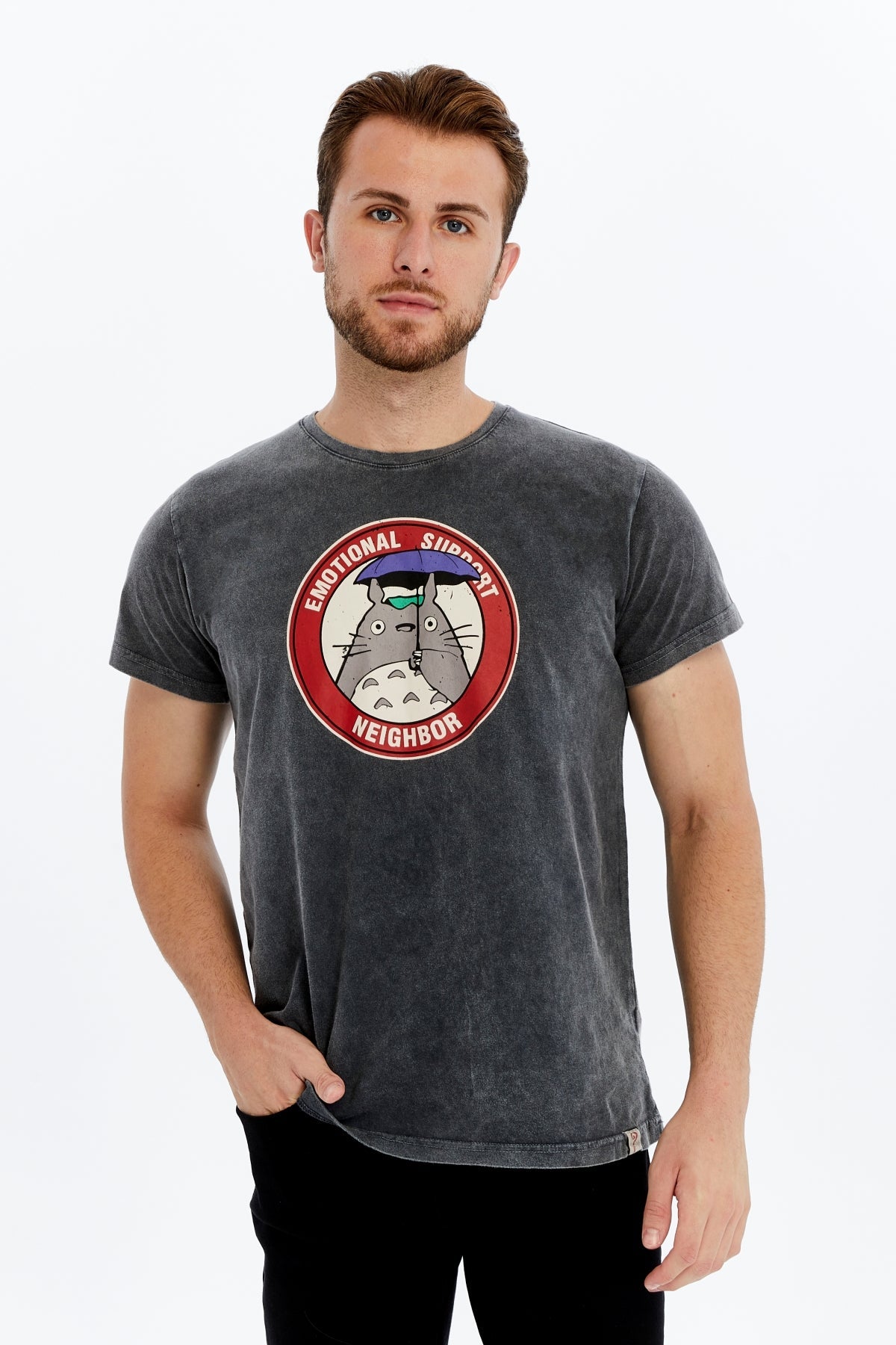 TOTORO EMOTIONAL SUPPORT Printed Acid Washed  Cotton  T-shirt