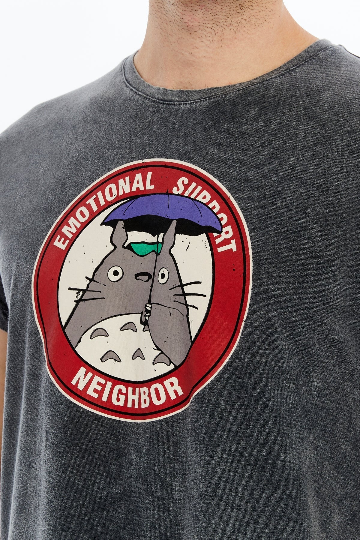 TOTORO EMOTIONAL SUPPORT Printed Acid Washed  Cotton  T-shirt