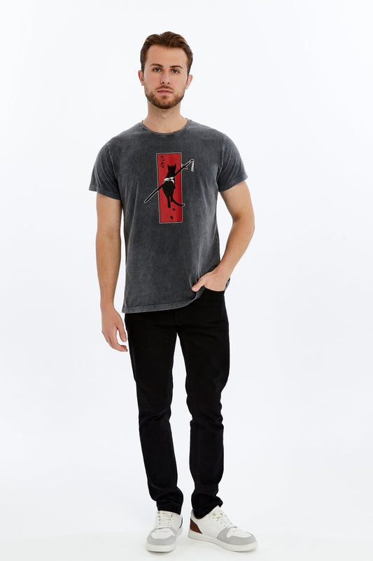 NINJA CAT SAMURAI Printed Acid Washed Cotton  T-shirt