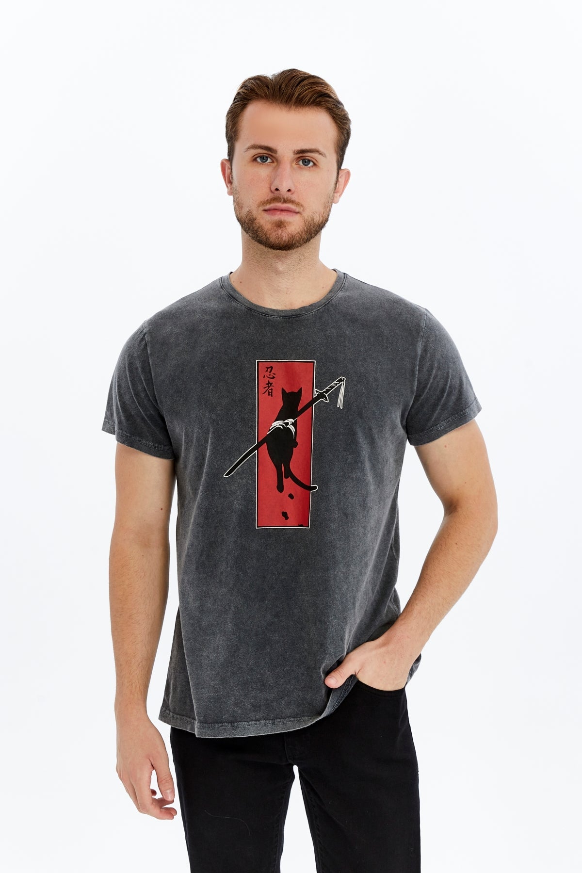 NINJA CAT SAMURAI Printed Acid Washed Cotton  T-shirt