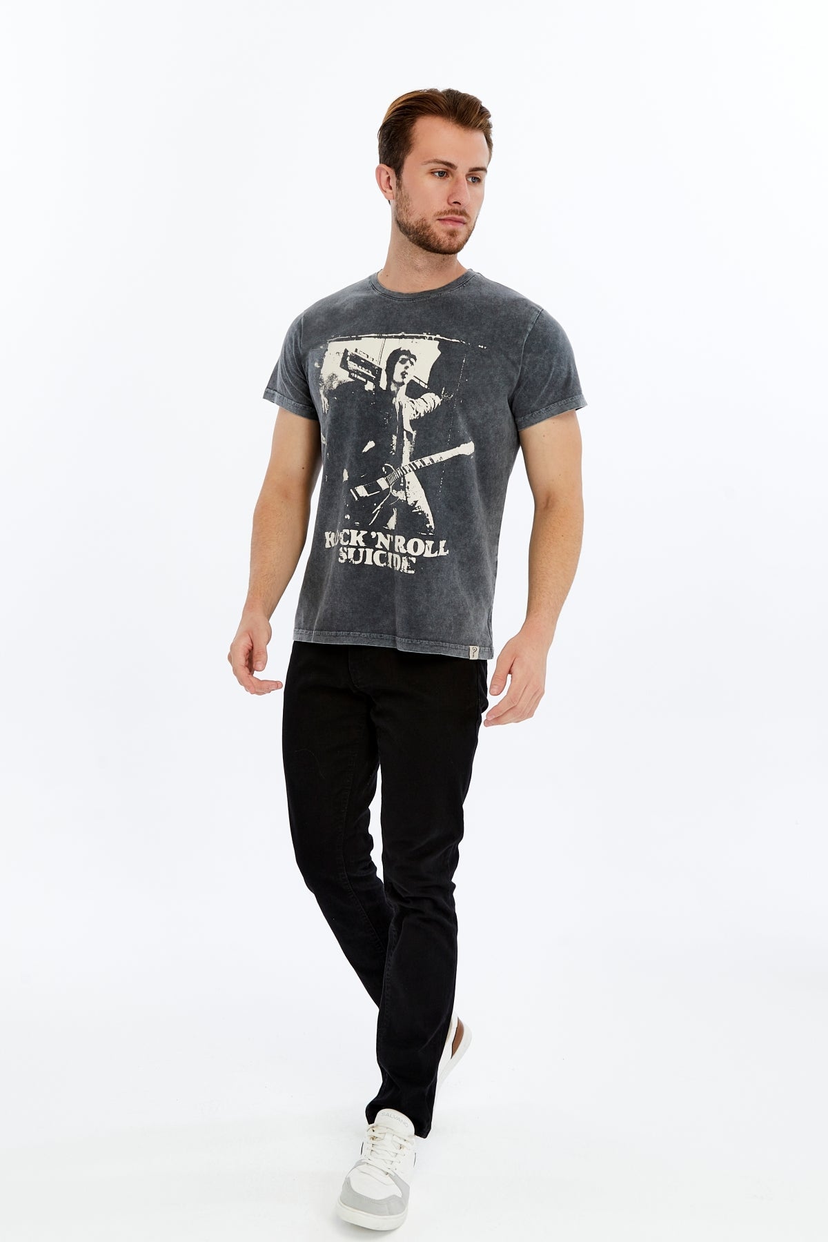 Stone Washed ROCK & ROLL SCDE  MUSIC   Printed Cotton  T-shirt