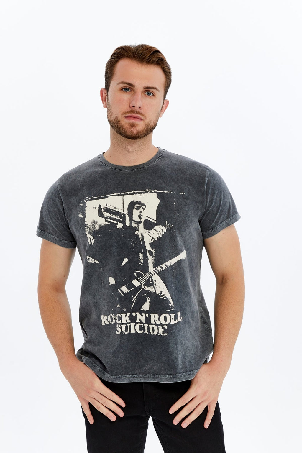 Stone Washed ROCK & ROLL SCDE  MUSIC   Printed Cotton  T-shirt